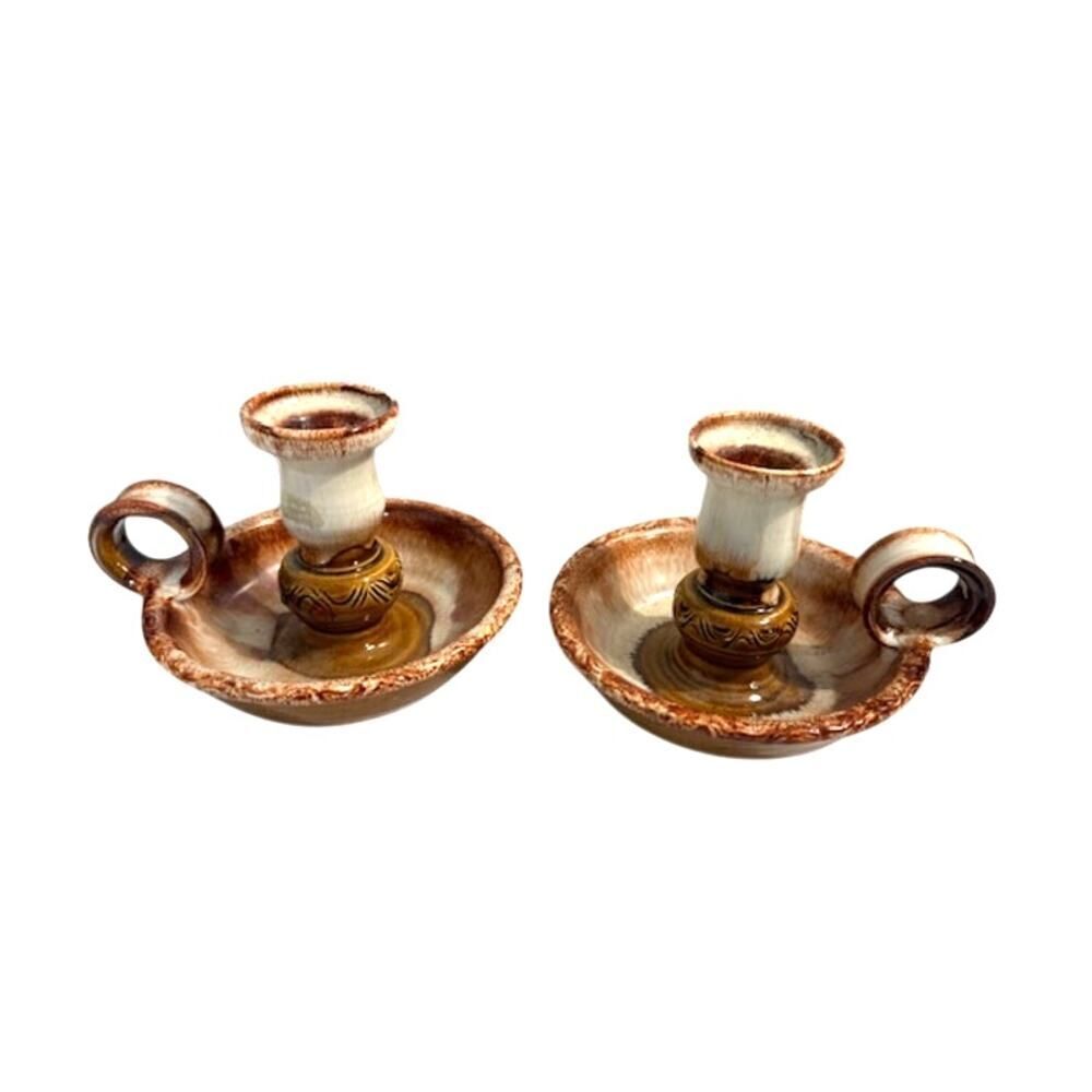 Vtg Dryden Original Pottery Pair of Candlesticks Brown Tan 3.75" Tall